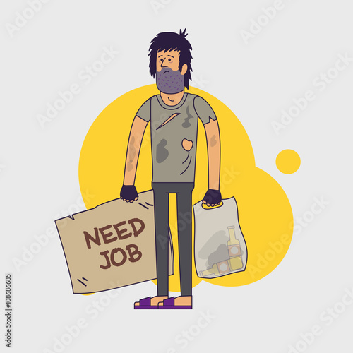 Dirty homeless in need of help and work. Shaggy unemployed man