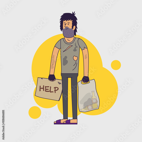 Dirty homeless in need of help and work. Shaggy unemployed man