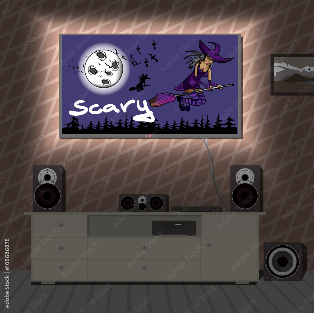 Fototapeta premium Home cinema system in interior room a film about Halloween. Home