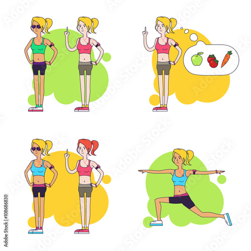 Vector illustration set of the beautiful women make fitness trai