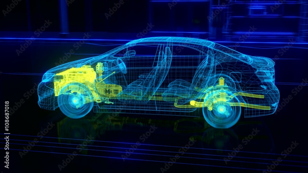 City car Wireframe View - engine and transmission details  3d render