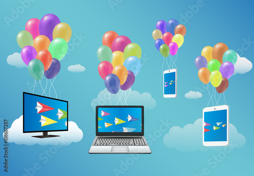 Smart TV,Laptop,Smartphone,and Tablet Floating with Fancy Balloon