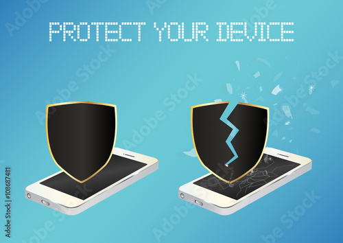 smartphone with protected shield and broken unprotected shield