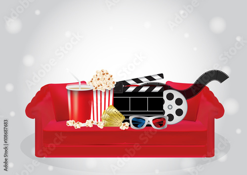 Wallpaper Mural Popcorn, drink, Movie Film, 3d Glasses and movie ticket on a red sofa Torontodigital.ca