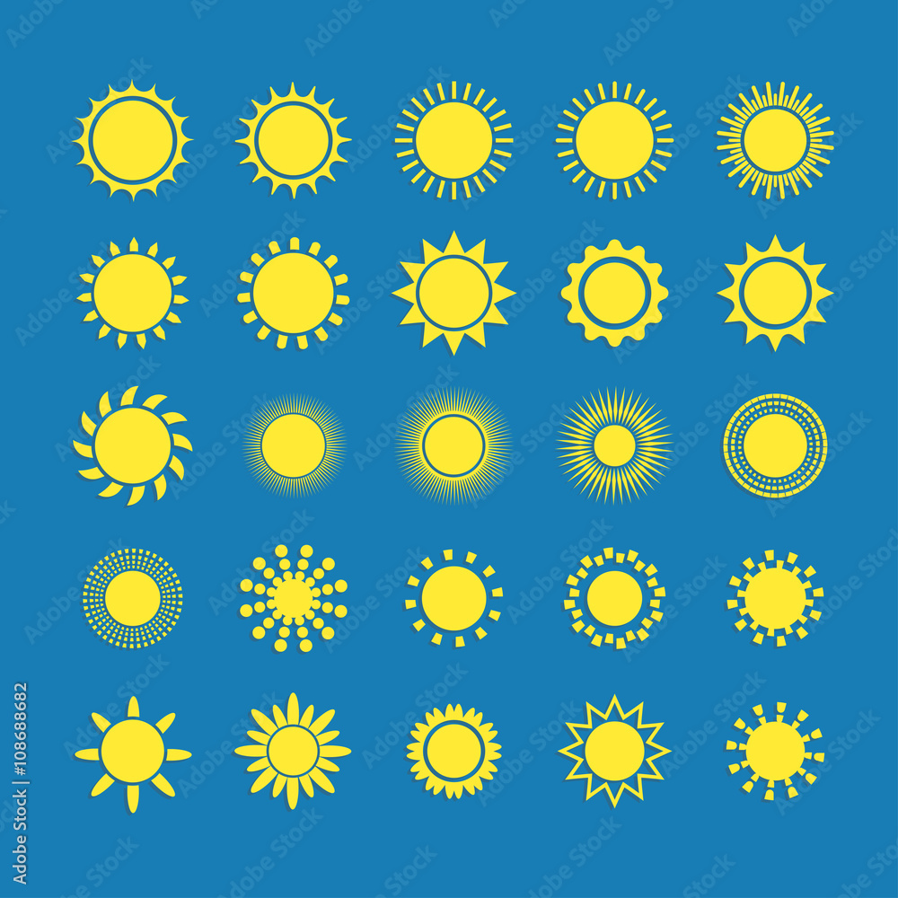 Sun icon with shadow set, vector illustration on blue background Sun icon with shadow set, vector illustration on blue background