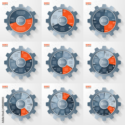 Vector business and industry gear style circle infographic templates for graphs, charts, diagrams and other infographics. Business concept with options, parts, steps, processes. Gear style logo.