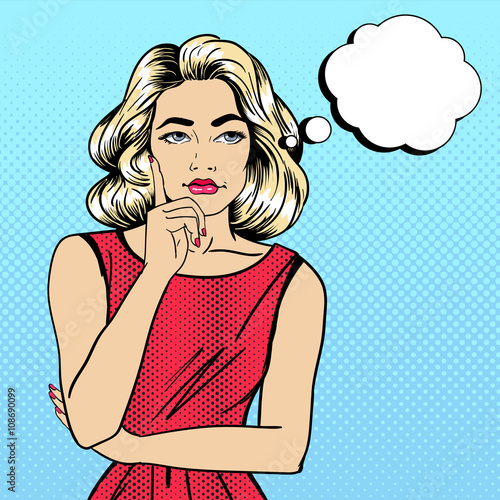 Woman Thinking. Pretty Girl. Woman Doubts. Woman Looking Up. Pop Art
