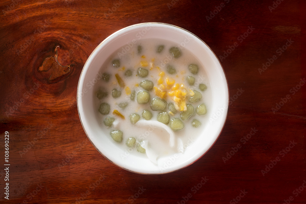 Rice flour ball in sweet coconut milk with coconut and corn , Bua Loi, popular Thai dessert Rice flour ball in sweet coconut milk with coconut and corn , Bua Loi, popular Thai dessert