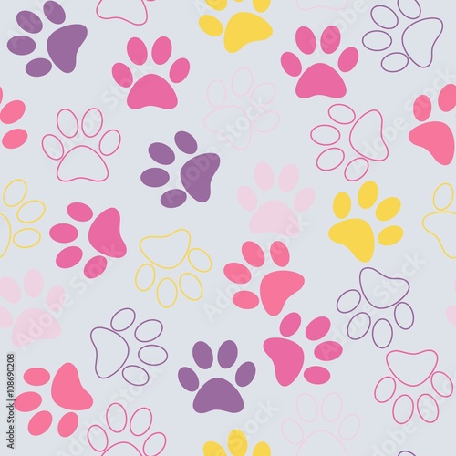 Vector seamless pattern with cat or dog footprints. Cute colorfu