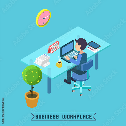 Modern Workplace. Isometric Office. Businessman at Work.  photo