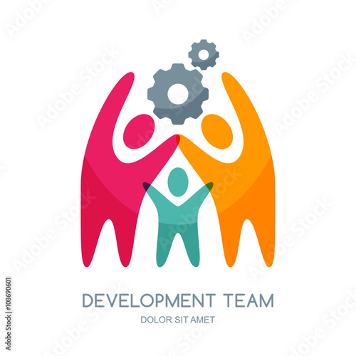 Vector human logo design elements. Abstract multicolor people and gear cog. Concept for education, business technology, development, creativity, teamwork, team building. Isolated human symbol.