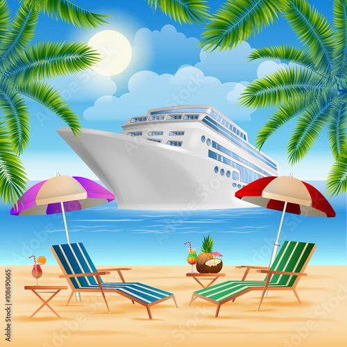Tropical Paradise. Cruise Ship. Exotic Island with Palm Trees. 