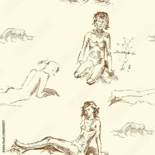 Seamless pattern with women on the beach