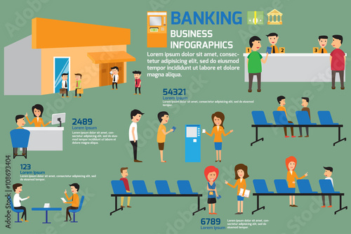 Banking infographics elements. Customers and staff people in ban