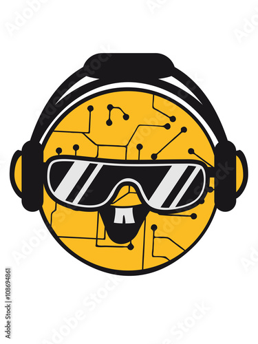 comic cartoon cyborg robot electric lines face head round circle cute sweet music party sunglasses headphones dj club disco