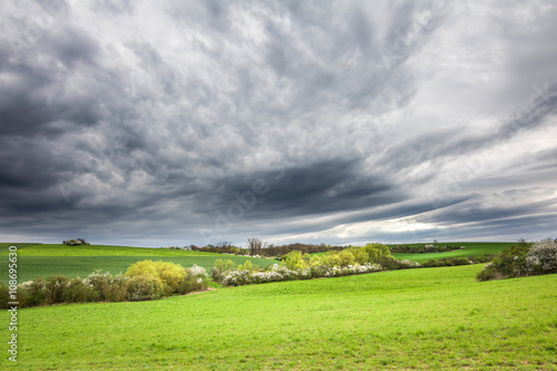 Spring landscape with green field and dramatic cloudy sky