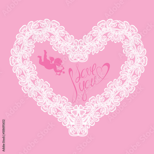 White Heart shape is made of lace doily on pink background, Holi
