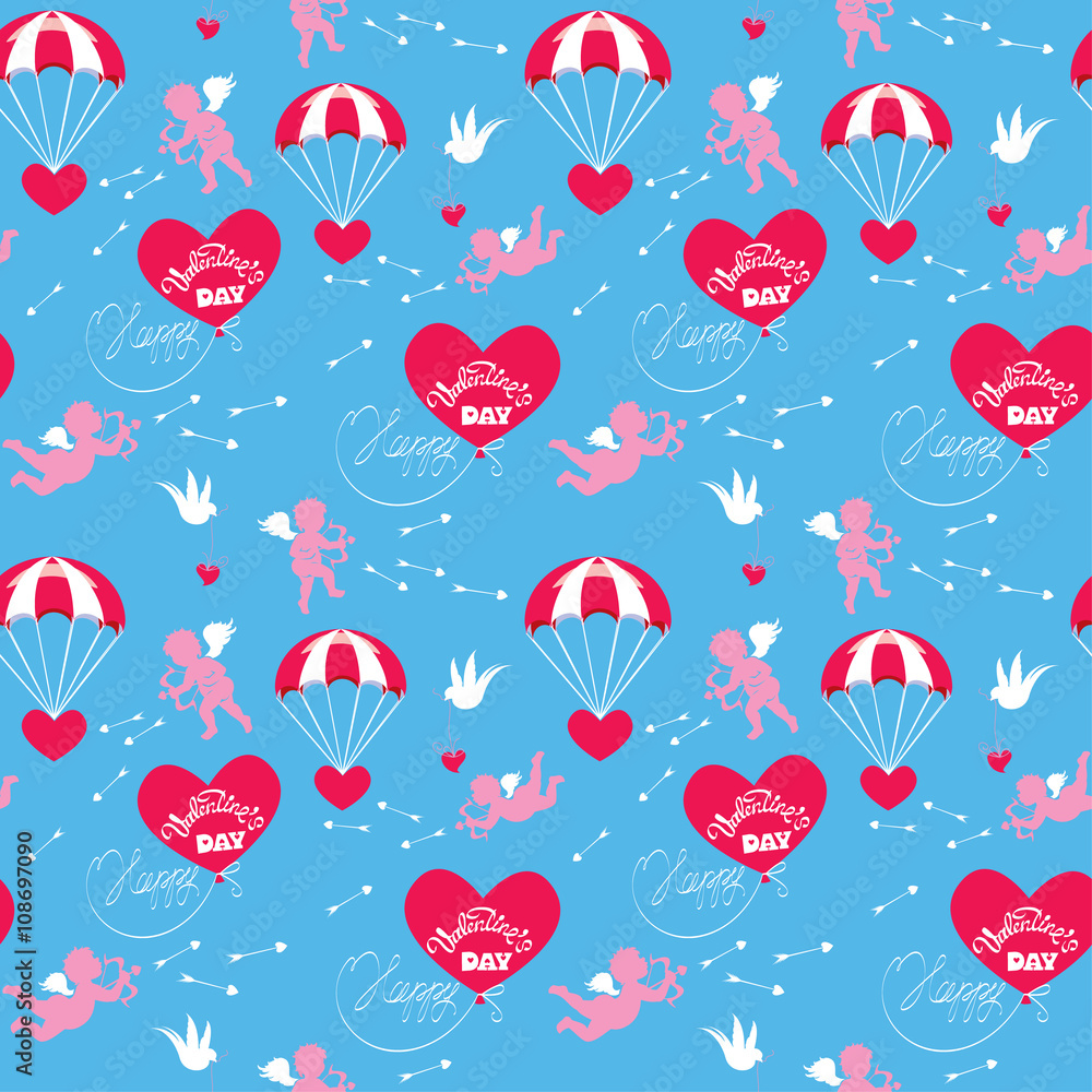 Seamless pattern with parachute, balloon, angel, heart, bird, ar