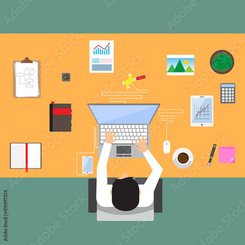 businessman in workplace with office table top view, cup of coff