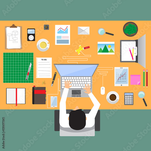 businessman in workplace with office table top view, cup of coff