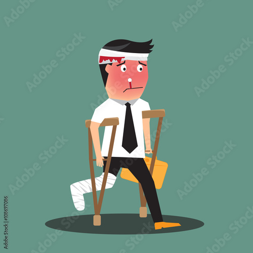 illustration of a badly injured businessman walking on crutches