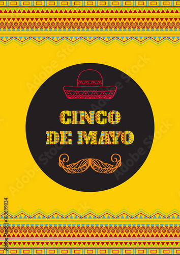 Cinco de mayo. Viva Mexico! Vector greeting card, banner or poster with mexican geometric ornamental text and sombrero