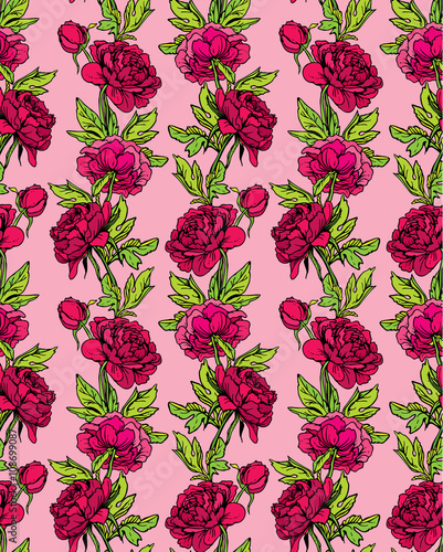 Seamless pattern with Realistic graphic flowers - peony - hand d