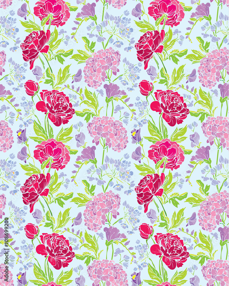 Seamless pattern with Realistic graphic flowers - peony and swee Seamless pattern with Realistic graphic flowers - peony and swee