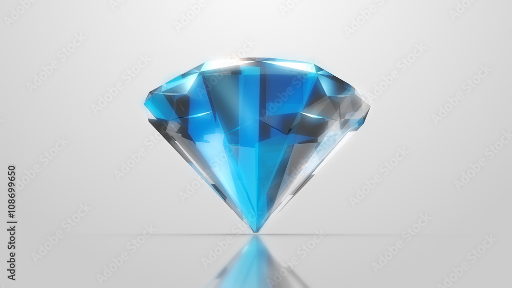Gem stone above the mirrored surface, with a blue light and the Gem stone above the mirrored surface, with a blue light and the