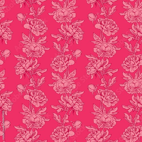 Seamless pattern with Realistic graphic flowers - peony - hand d