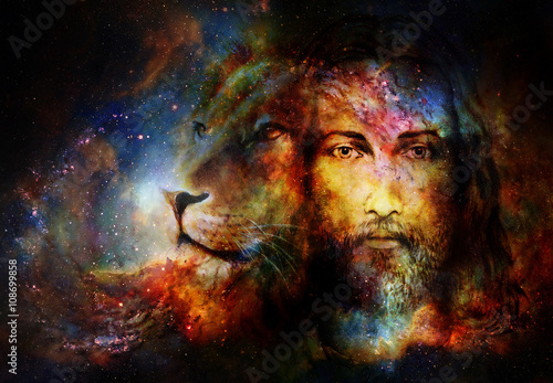 painting of Jesus with a lion in cosimc space, eye contact and lion profile portrait.