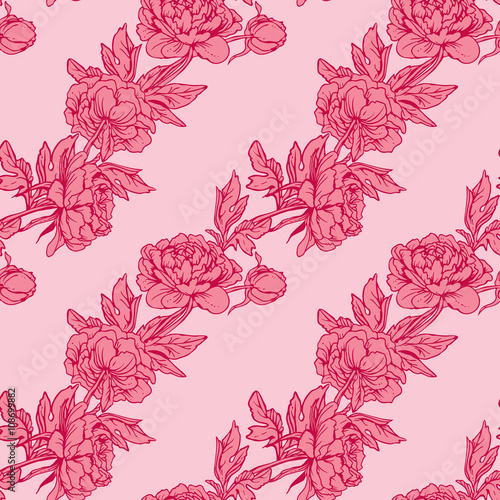 Seamless pattern with Realistic graphic flowers - peony - hand d