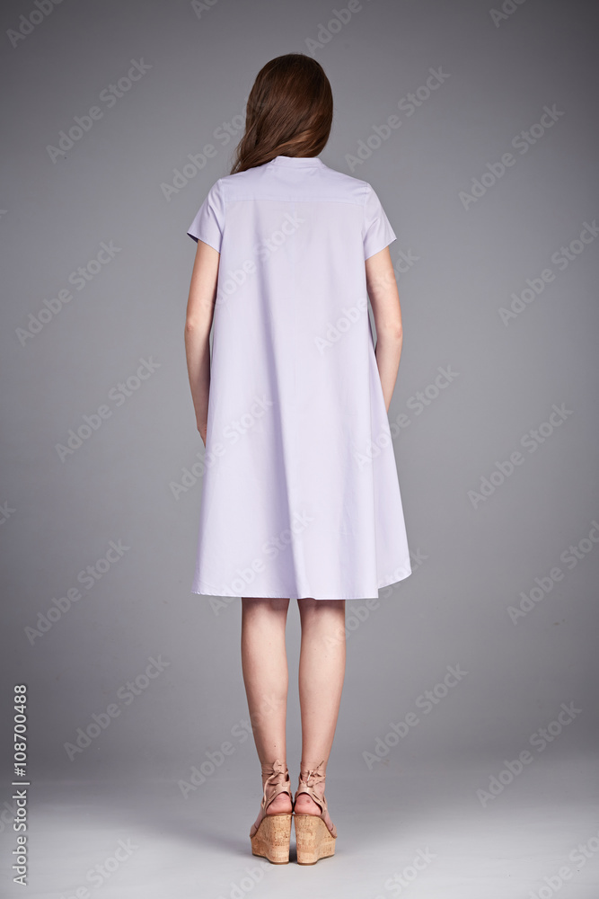 Catalog of fashion clothes for business woman mom casual office style meeting walk party silk cotton dress summer collection accessory shoes beautiful model long brunette hair natural make up back Catalog of fashion clothes for business woman mom casual office style meeting walk party silk cotton dress summer collection accessory shoes beautiful model long brunette hair natural make up back