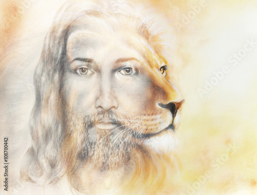 Naklejka na biurko Ilustracja Jezusa z lwem na pięknym kolorowym tle