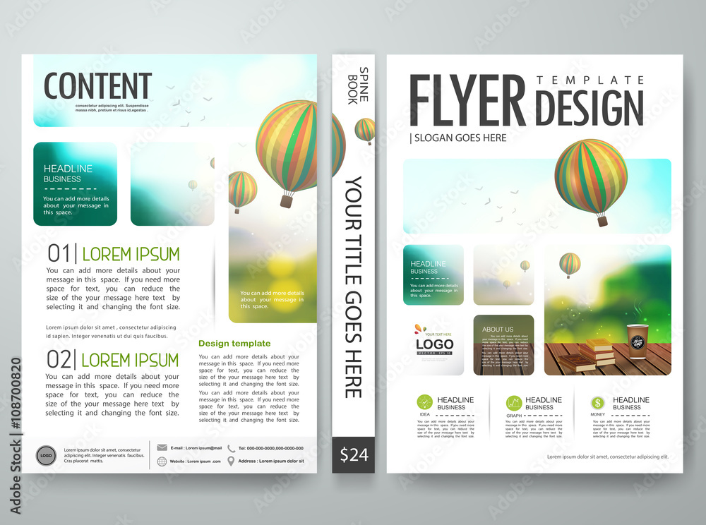 Fototapeta premium Flyers design template vector. Brochures annual reports poster magazine. Leaflet cover book presentation with blur abstract background. Layout in A4 size with spine book design.illustration.