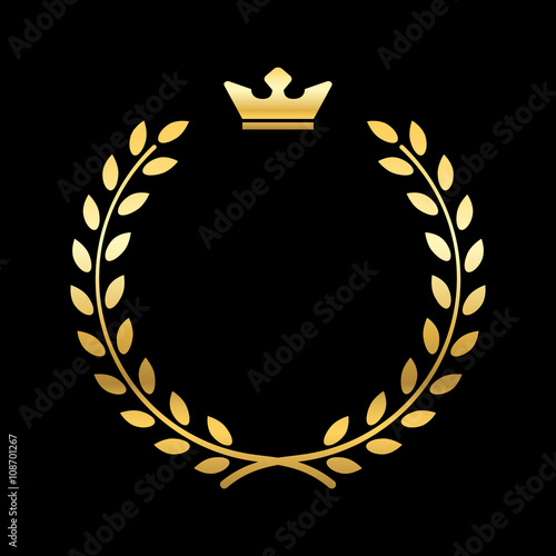 Gold laurel wreath, with crown. Golden leaf emblem. Vintage design, isolated on black background. Decoration for insignia, banner award. Symbol of triumph, sport victory, trophy. Vector illustration.