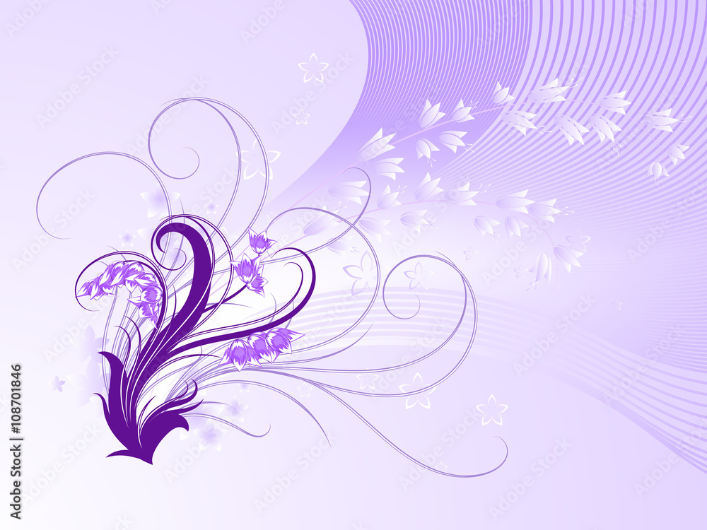 Curly pattern of flowers and petals on a purple background