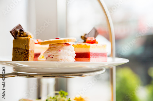 English afternoon tea desserts with beautiful breakfast snacks
