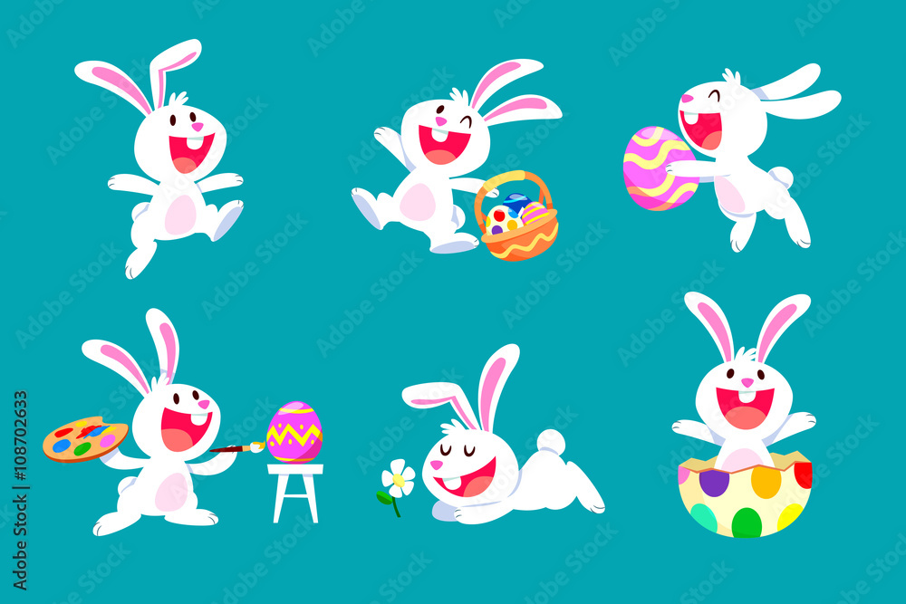 Naklejka premium set of white easter rabbit in different poses