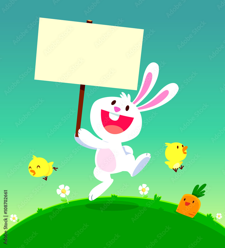 Fototapeta premium cute white rabbit holding sign