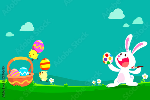 cute bunny and chicks preparing easter eggs