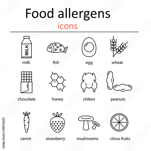 Set of icons of food allergens. Icons food allergens. Vector illustration.