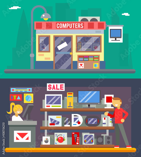 Computer Shop Interior Seller Goods Offer Sale Isolated Icon Flat Design Character City Background Vector Illustration