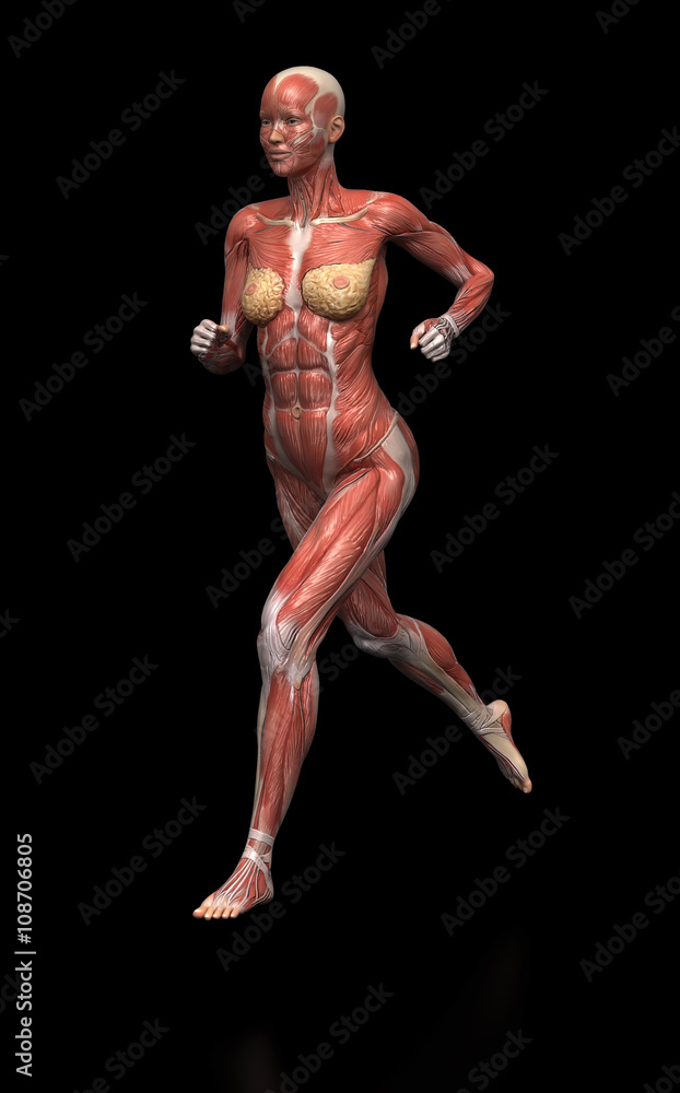 Running woman with visible muscles on black Running woman with visible muscles on black