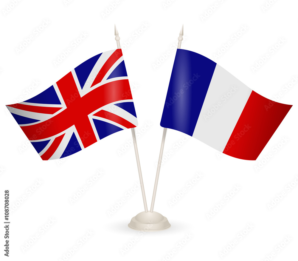 Table stand with flags of England and France. 
