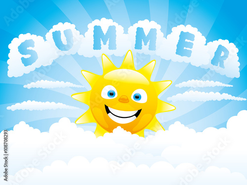 Cheerful sun and clouds in the blue sky.