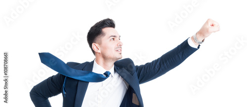 Business man flying gesture with necktie blowing photo