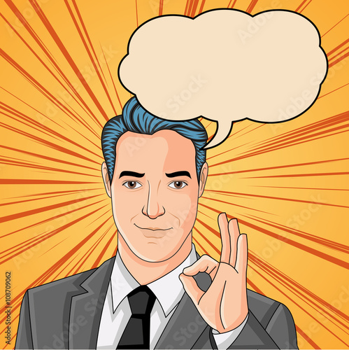 Retro man making a ok sign. Vintage art.