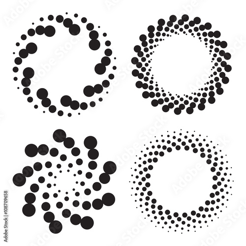 Halftone circles of dots, twisted spirals. Design elements. Vector illustration