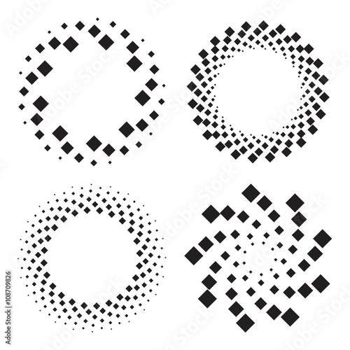 Halftone circles of diamonds, twisted spiral. Design elements. Vector illustration
